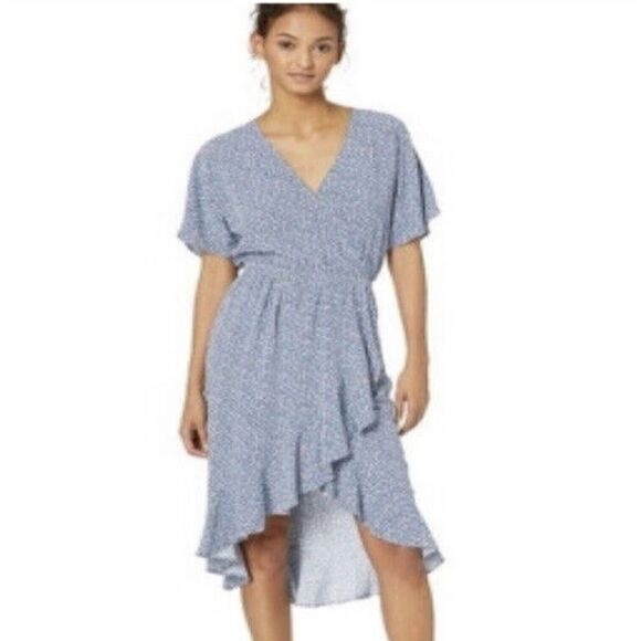 J. Crew Mercantile Women Size Medium Blue Floral Ruffle Faux Wrap Dress High-Low - Picture 2 of 10